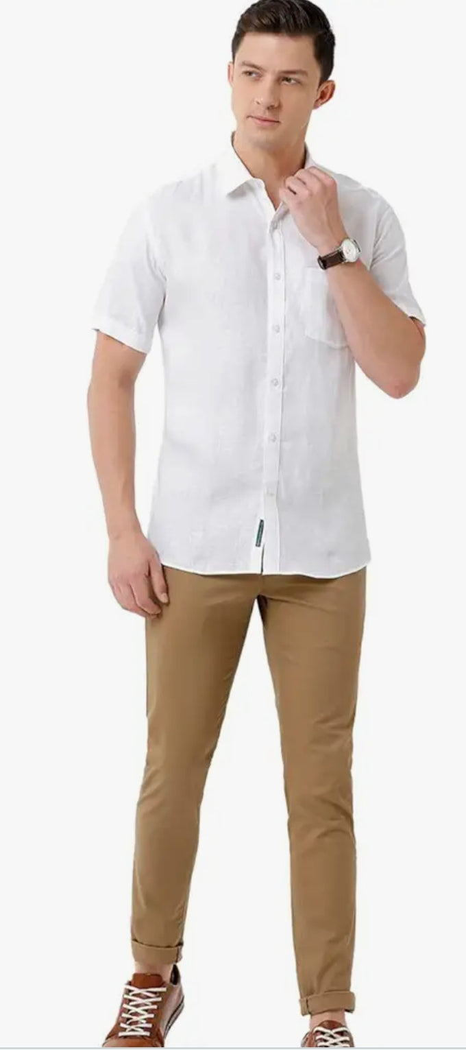 RAMRAJ Men's Pure Linen White Slim Fit Half Sleeve Casual Shirt