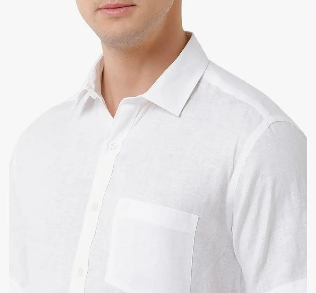 RAMRAJ Men's Pure Linen White Slim Fit Half Sleeve Casual Shirt